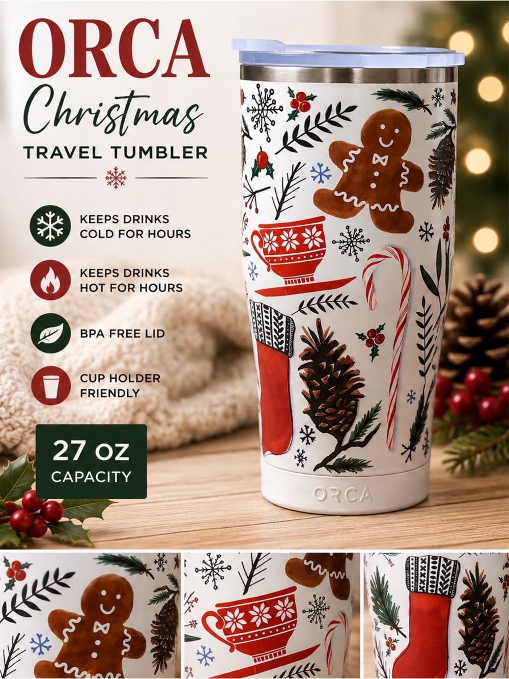 ORCA Christmas Travel Tumbler 27oz Gingerbread Candy Cane Winter Insulated Cup